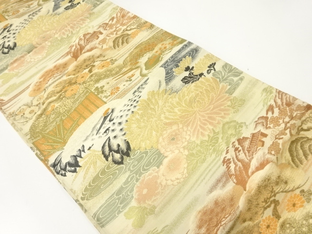 アンティーク　松鶴に菊模様織出し丸帯（材料）